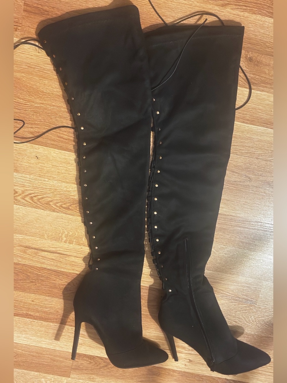 Thigh High Strappy High Heel Boots .